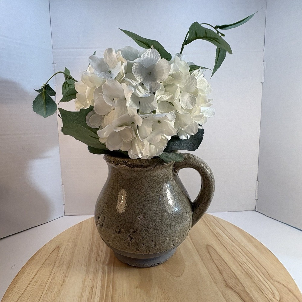 Gray Ceramic Pitcher 8in Glossy Crackle Finish Decorative Vase with Flowers